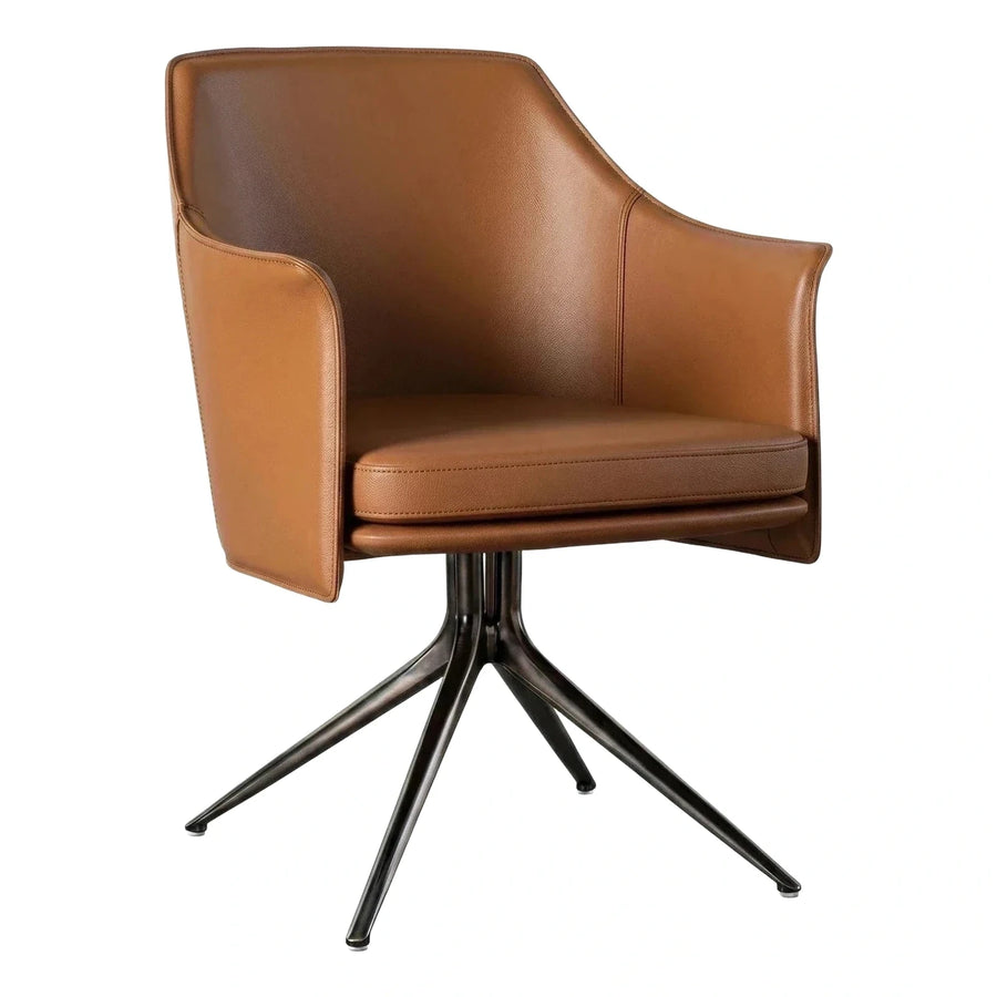 Modern Brown Leather Swivel Armchair with Metal Base