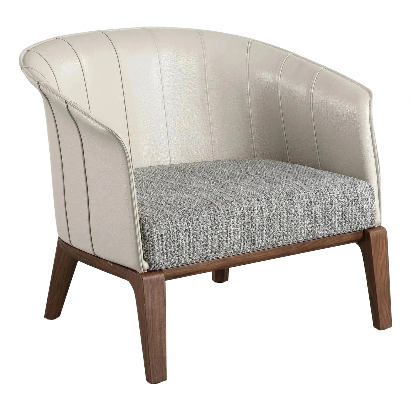Modern Cream Leather and Fabric Armchair with Wood Legs