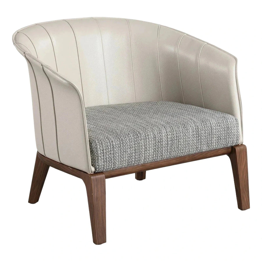 Modern Cream Leather and Fabric Armchair with Wood Legs
