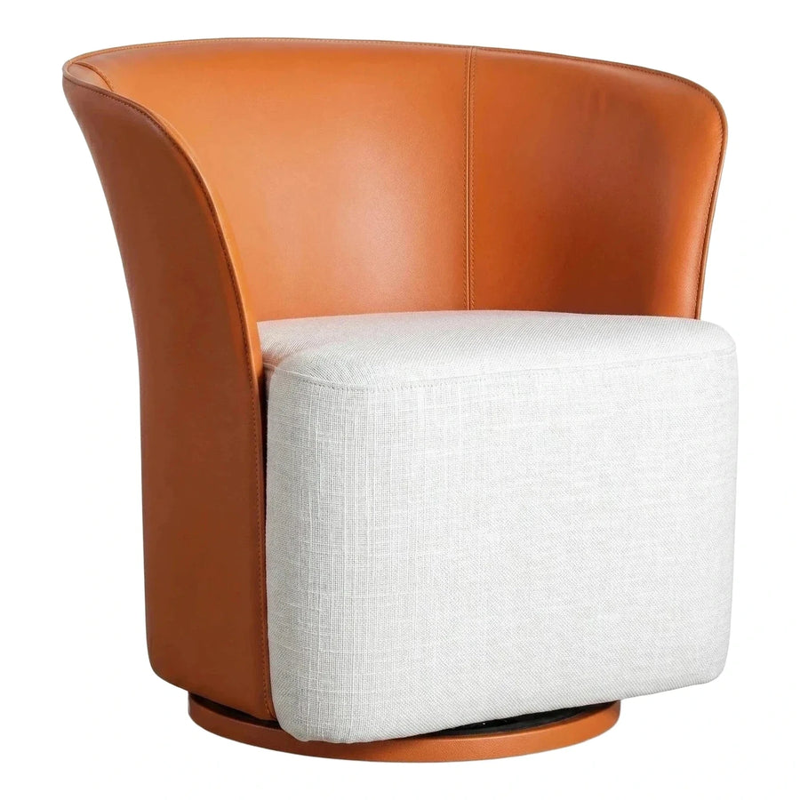 Modern Tan Leather and White Fabric Swivel Chair