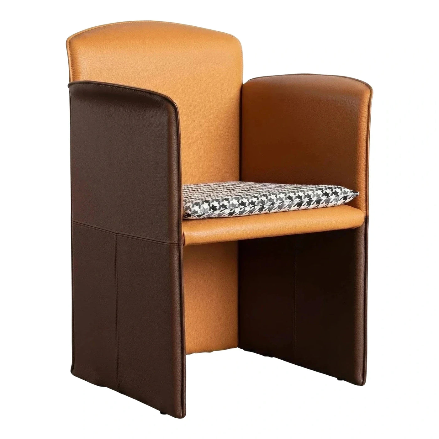 Geometric Color Block Leather Armchair with Houndstooth Cushion