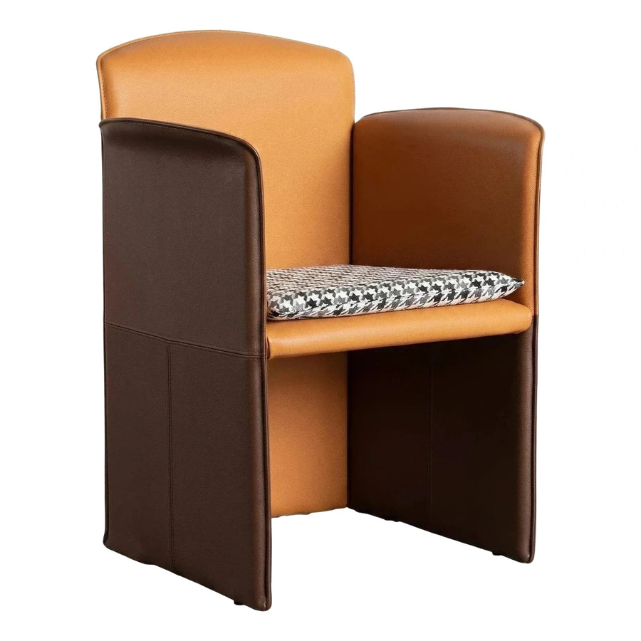 Geometric Color Block Leather Armchair with Houndstooth Cushion
