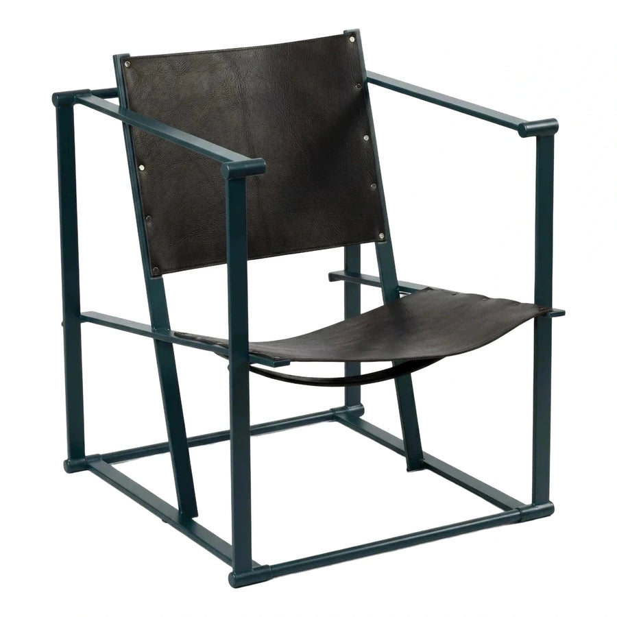 Dark Green Metal Frame Leather Sling Lounge Chair