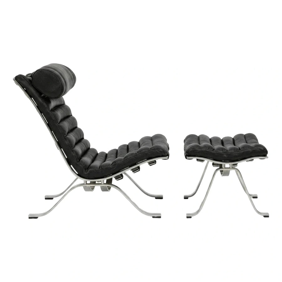 Black Tufted Leather Lounge Chair and Ottoman