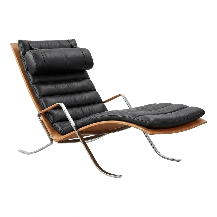 Black Leather Lounge Chair with Wood and Chrome Frame