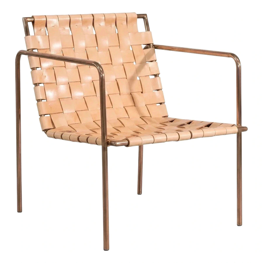 Woven Leather Lounge Chair with Bronze Metal Frame