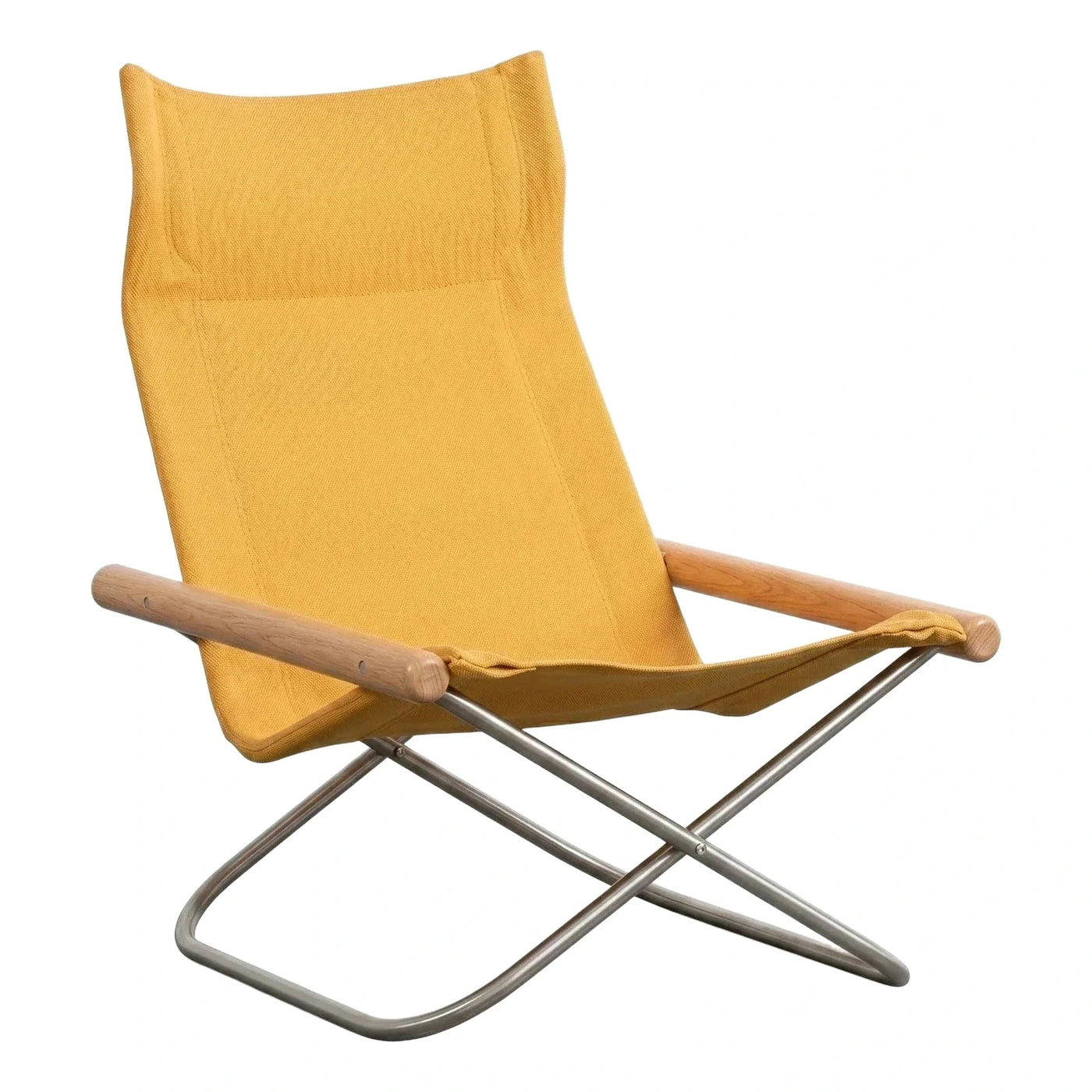 Yellow Fabric Sling Lounge Chair with Wood Arms