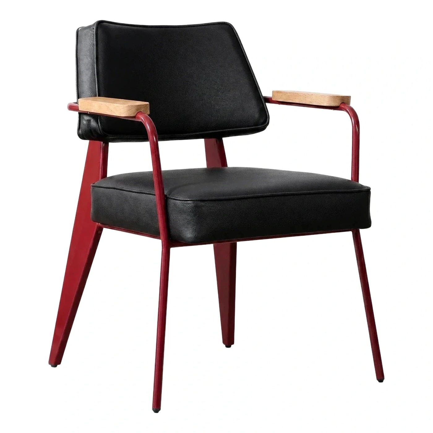 Modern Black Leather Armchair with Red Metal Frame