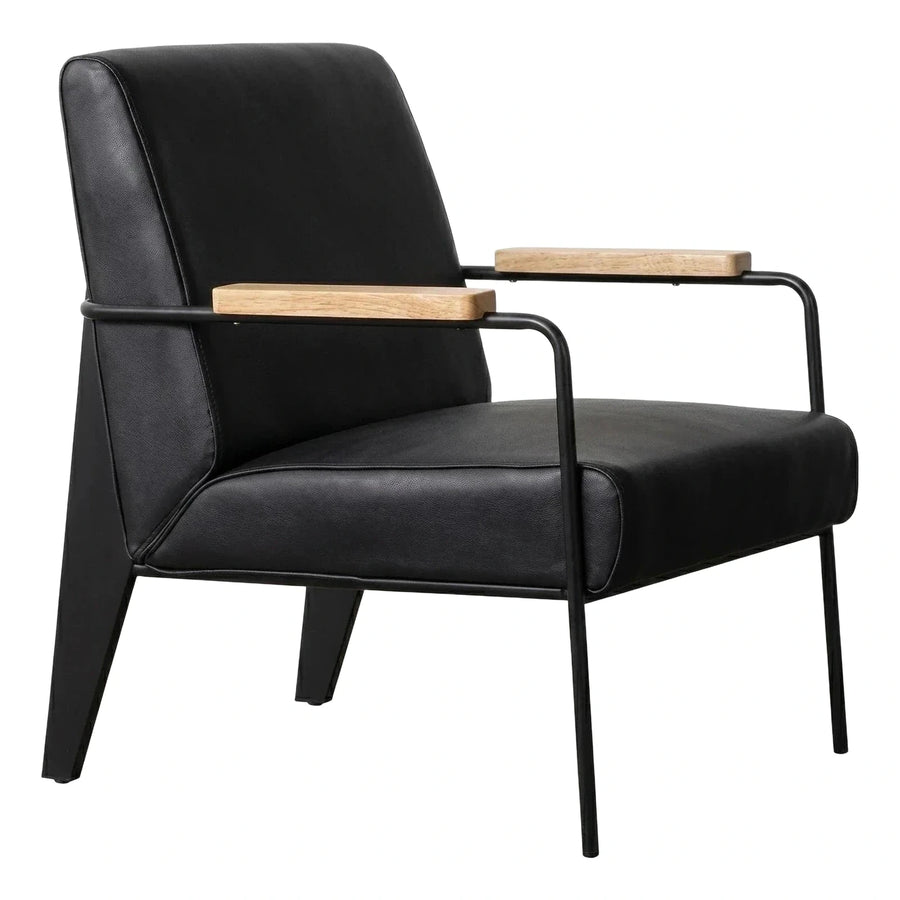 Modern Black Leather Armchair with Wood Armrests