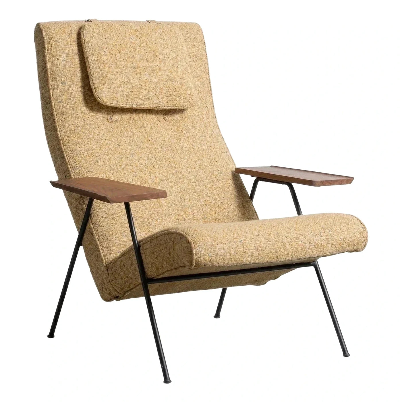 Textured Beige Lounge Chair with Wooden Armrests