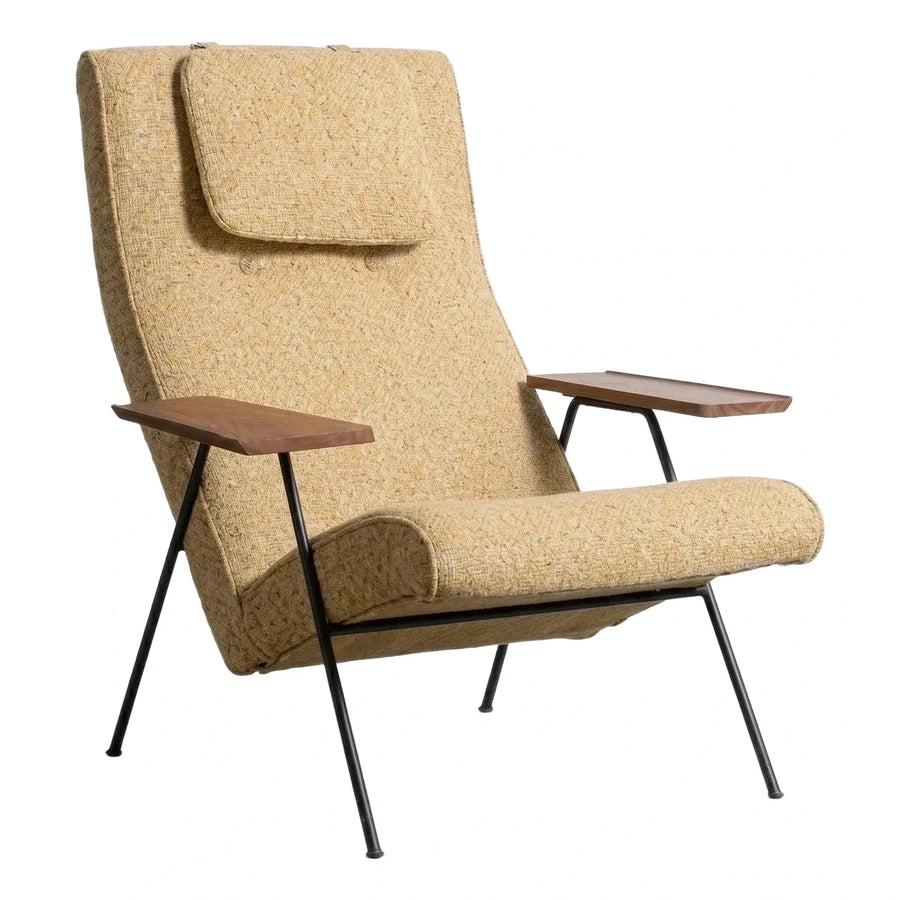 Textured Beige Lounge Chair with Wooden Armrests