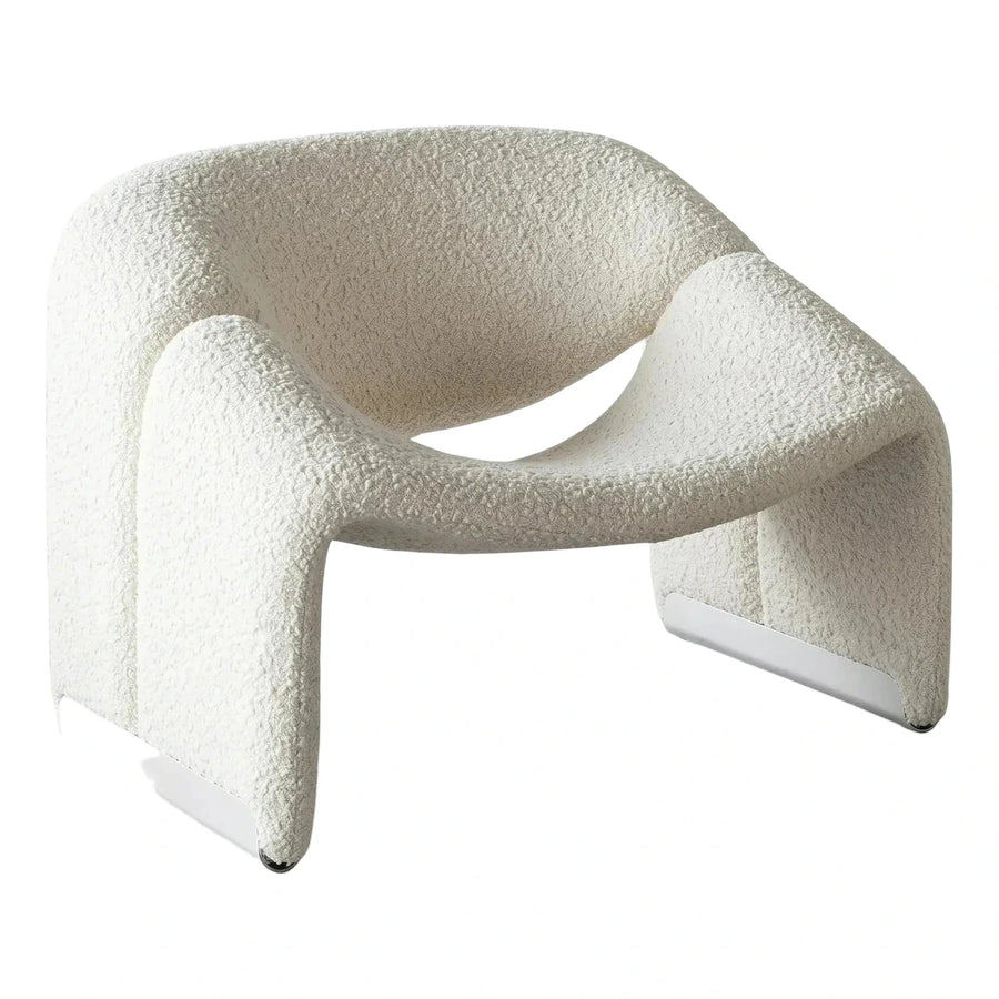 White Bouclé Sculptural Lounge Chair with Metal Base