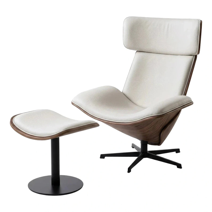 Modern Cream Leather Lounge Chair and Ottoman