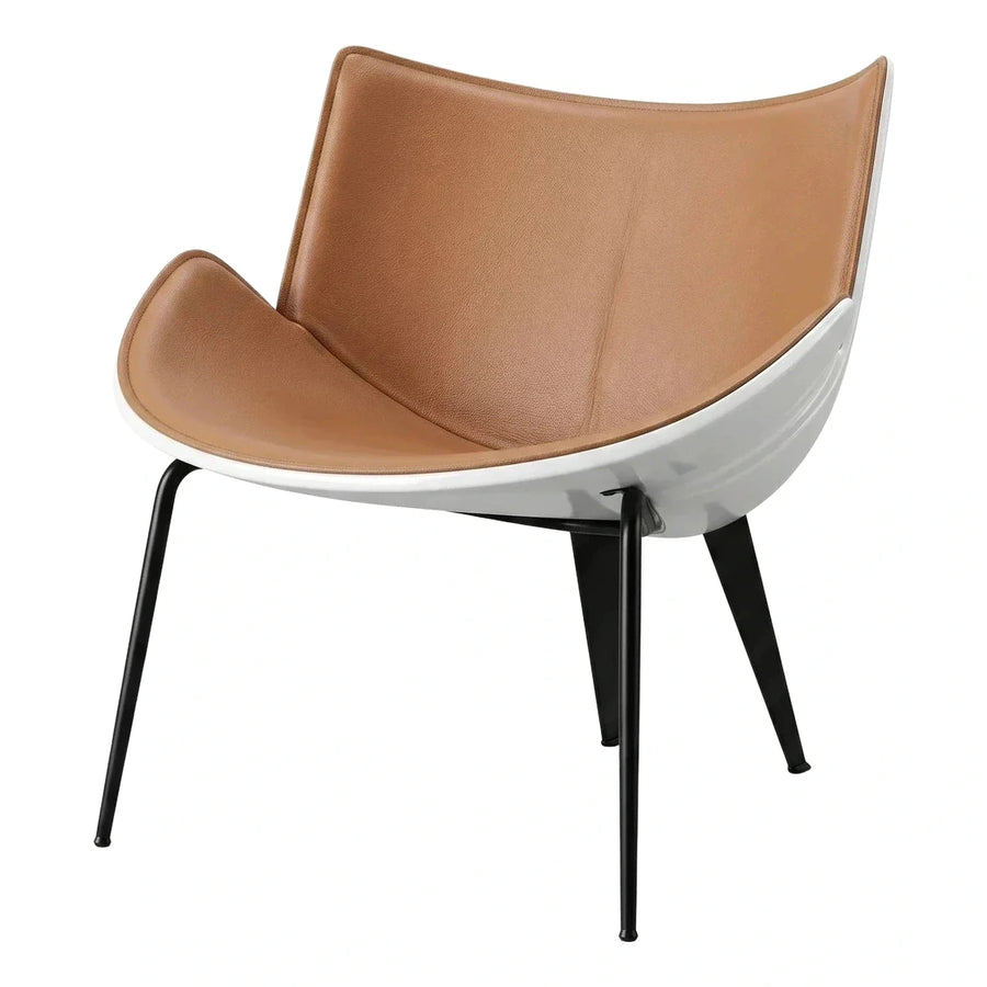 Modern Tan Leather Lounge Chair with White Shell
