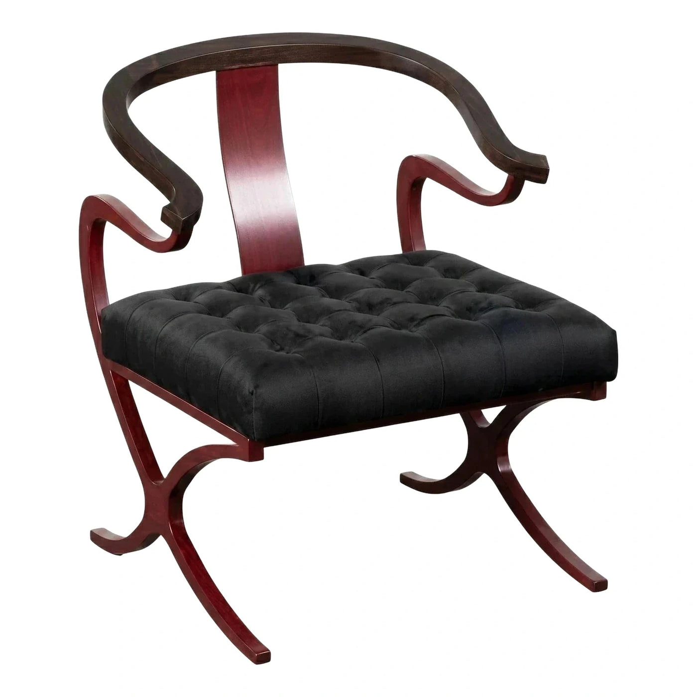 Dark Wood Curved Armchair with Black Tufted Seat