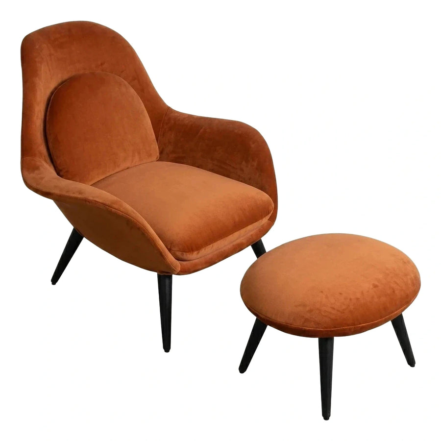 Burnt Orange Velvet Lounge Chair with Ottoman