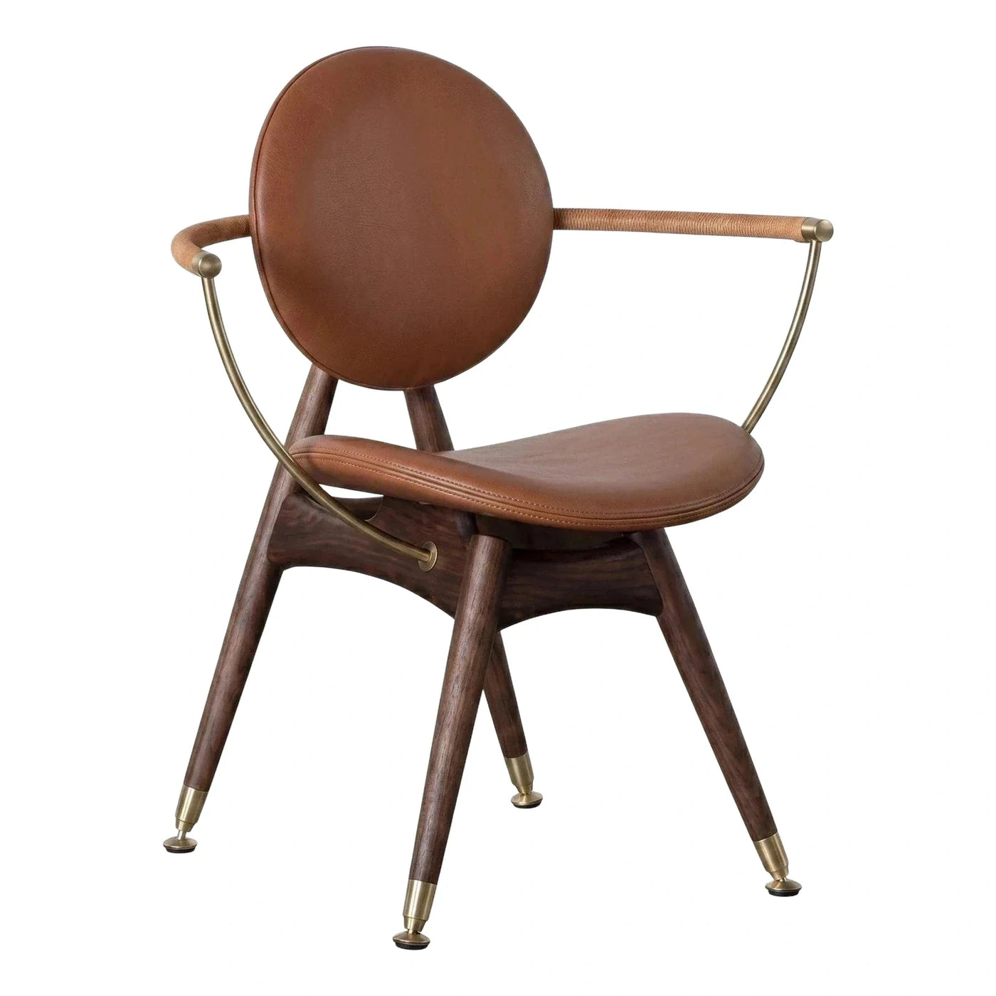 Brown Leather Round Back Armchair with Brass Accents