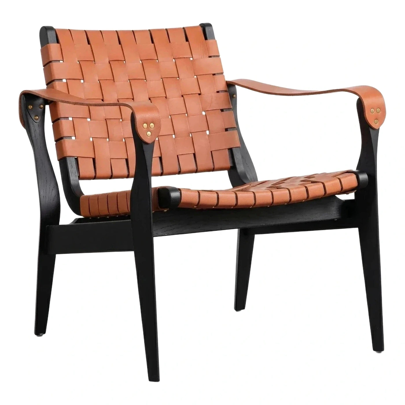 Black Wood Frame Woven Leather Lounge Chair