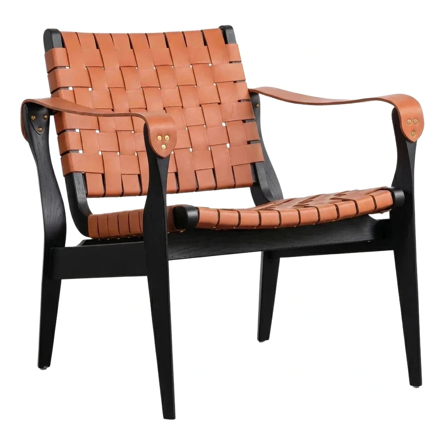 Black Wood Frame Woven Leather Lounge Chair