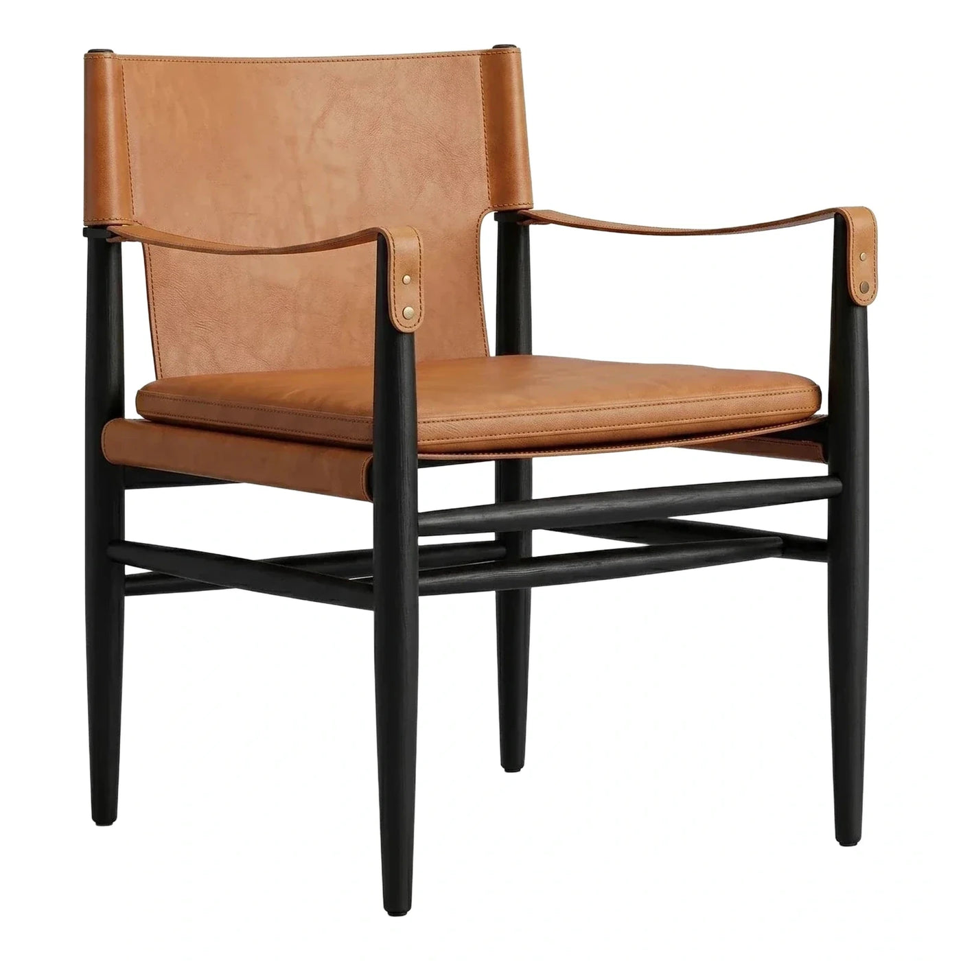 Tan Leather Sling Armchair with Dark Wood Frame