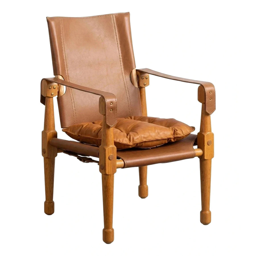 Tan Leather Sling Armchair with Oak Wood Frame
