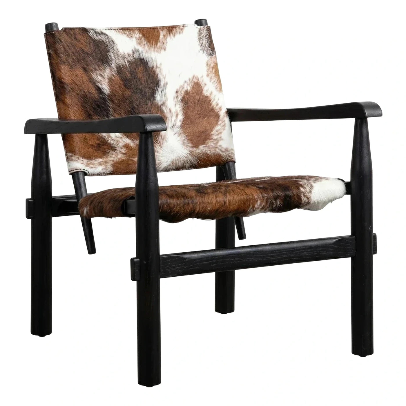 Black Wood Frame Natural Cowhide Lounge Armchair