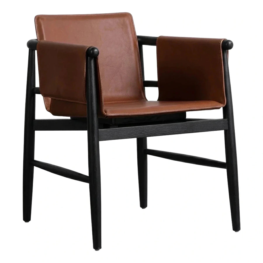Modern Black Wood Brown Leather Sling Armchair