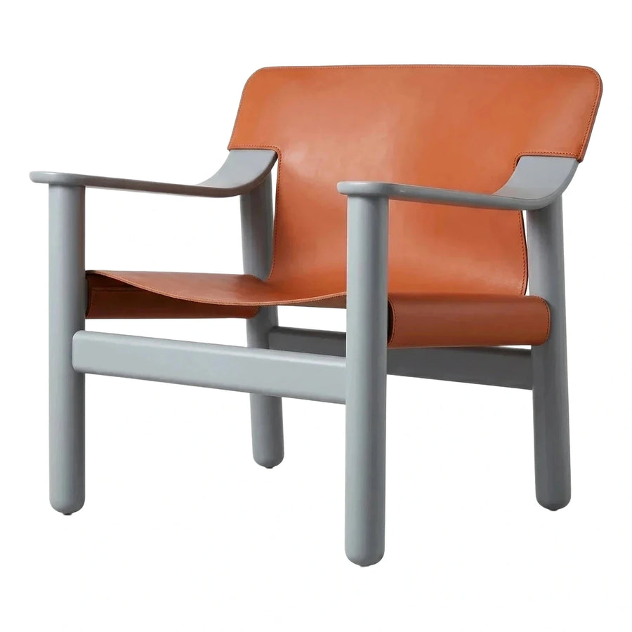 Modern Grey Wood Frame Leather Sling Armchair