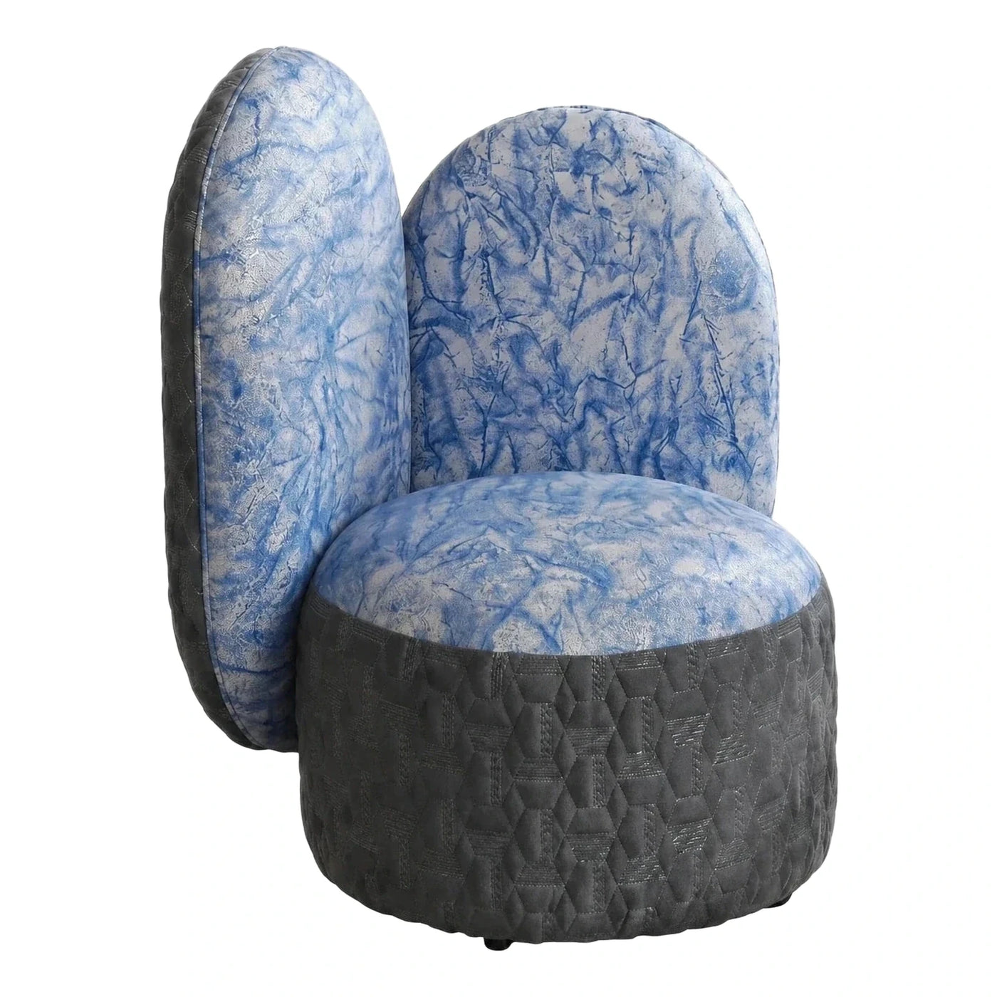 Blue Marbled Velvet Lounge Chair with Quilted Base