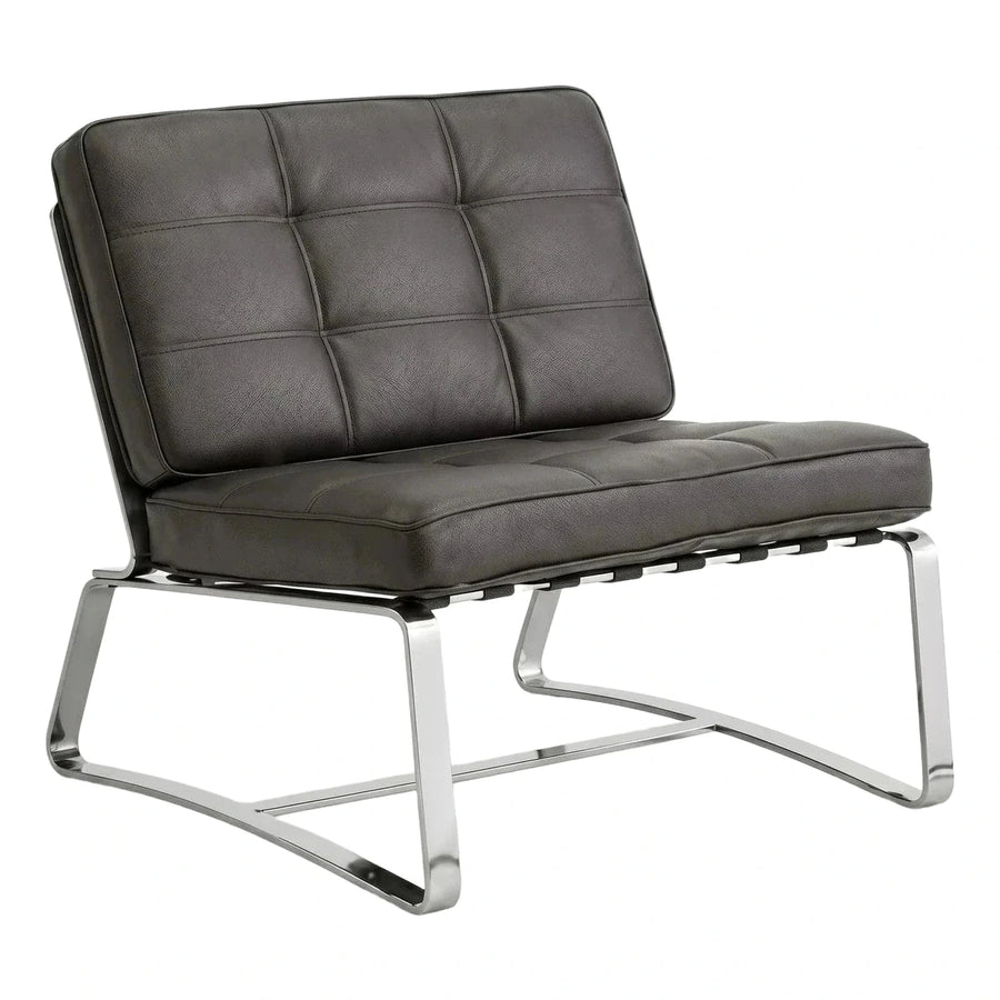 Modern Dark Grey Leather Lounge Chair Chrome Base