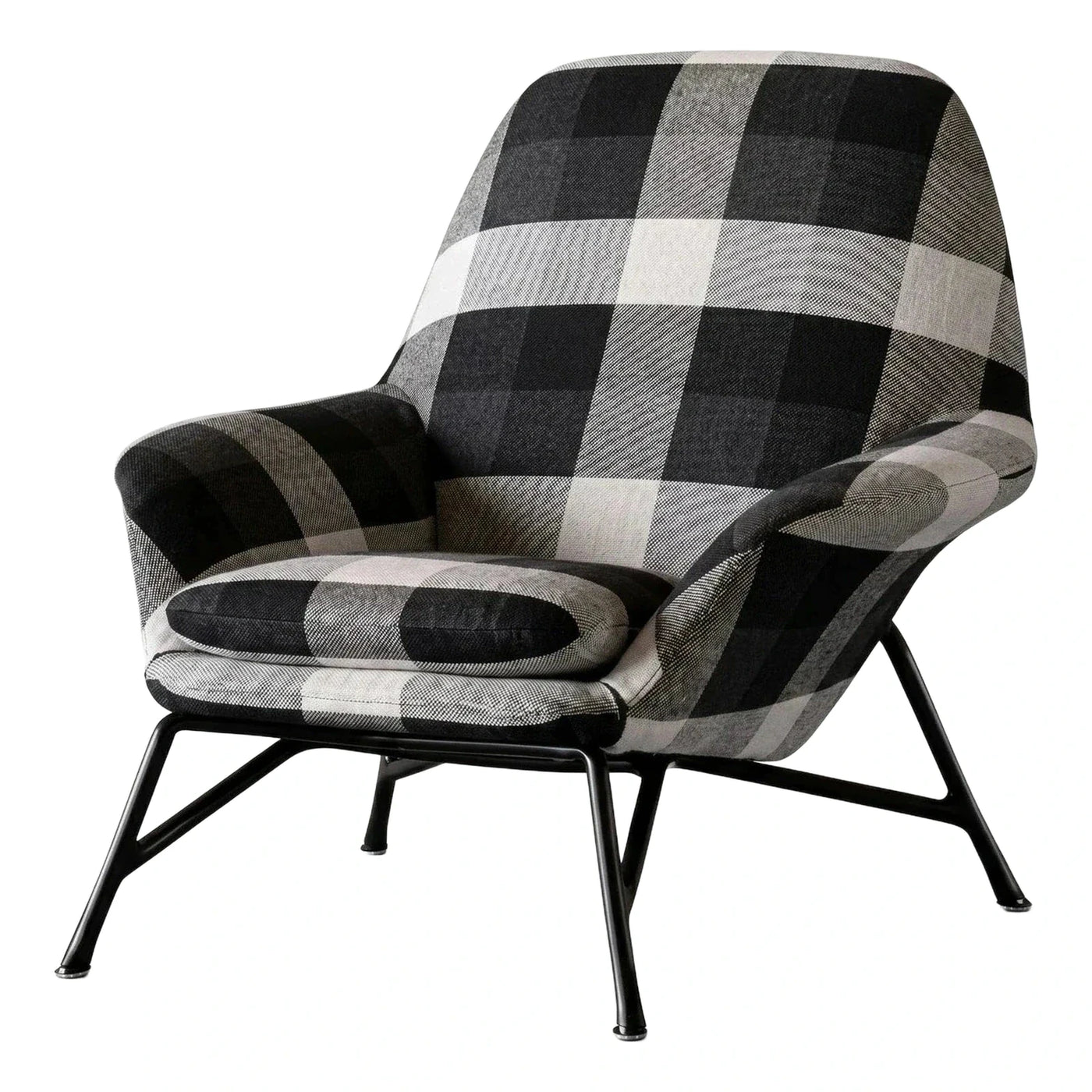 Black and White Plaid Lounge Chair with Metal Legs