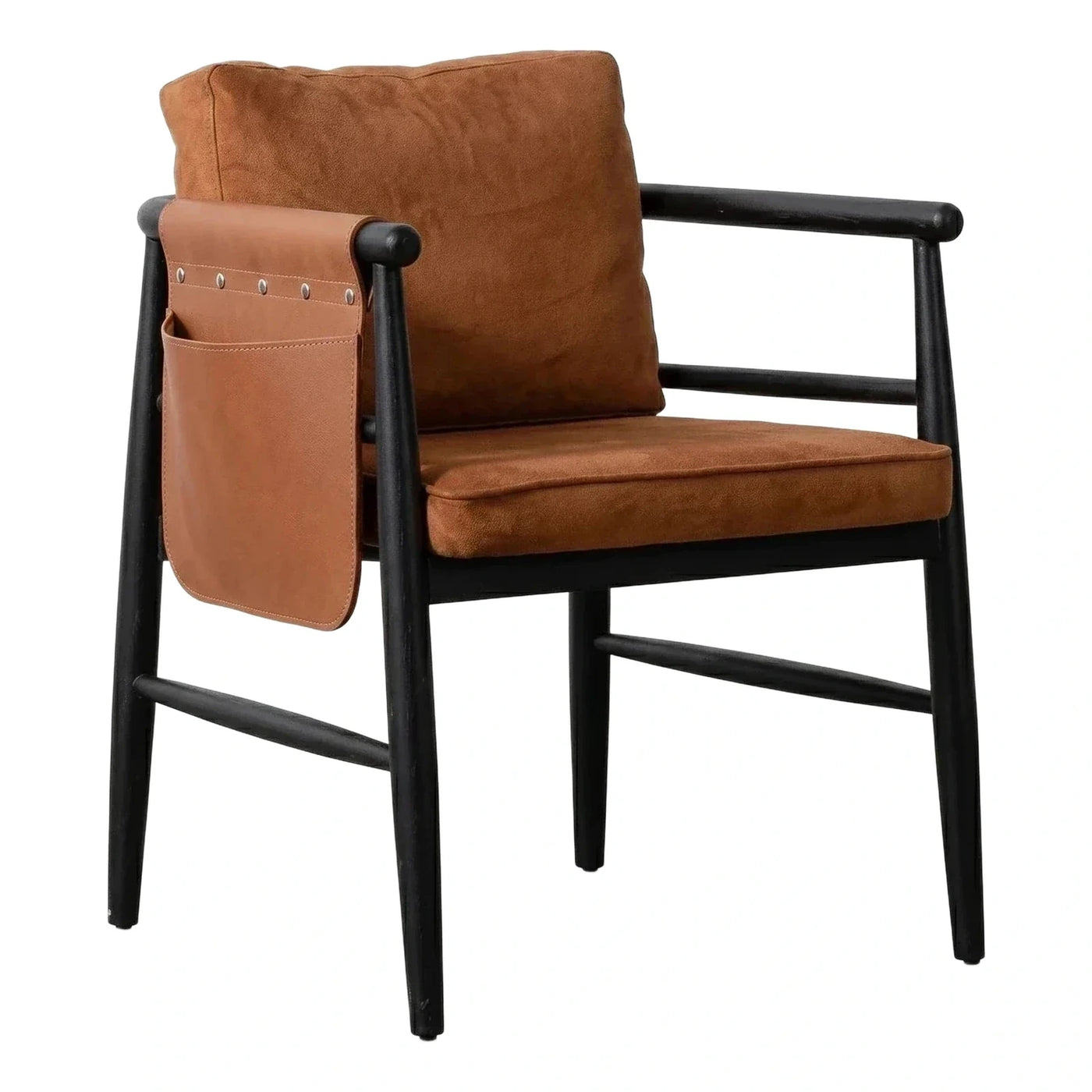 Black Wood Armchair with Brown Cushion and Side Pocket