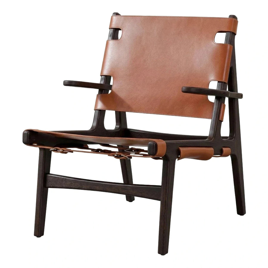 Modern Dark Wood Leather Sling Lounge Chair