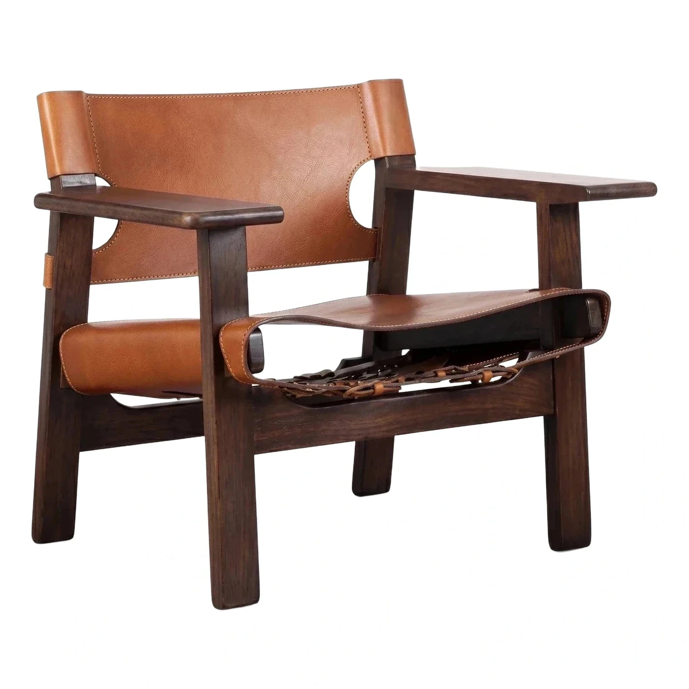 Dark Wood Frame Brown Leather Sling Lounge Chair