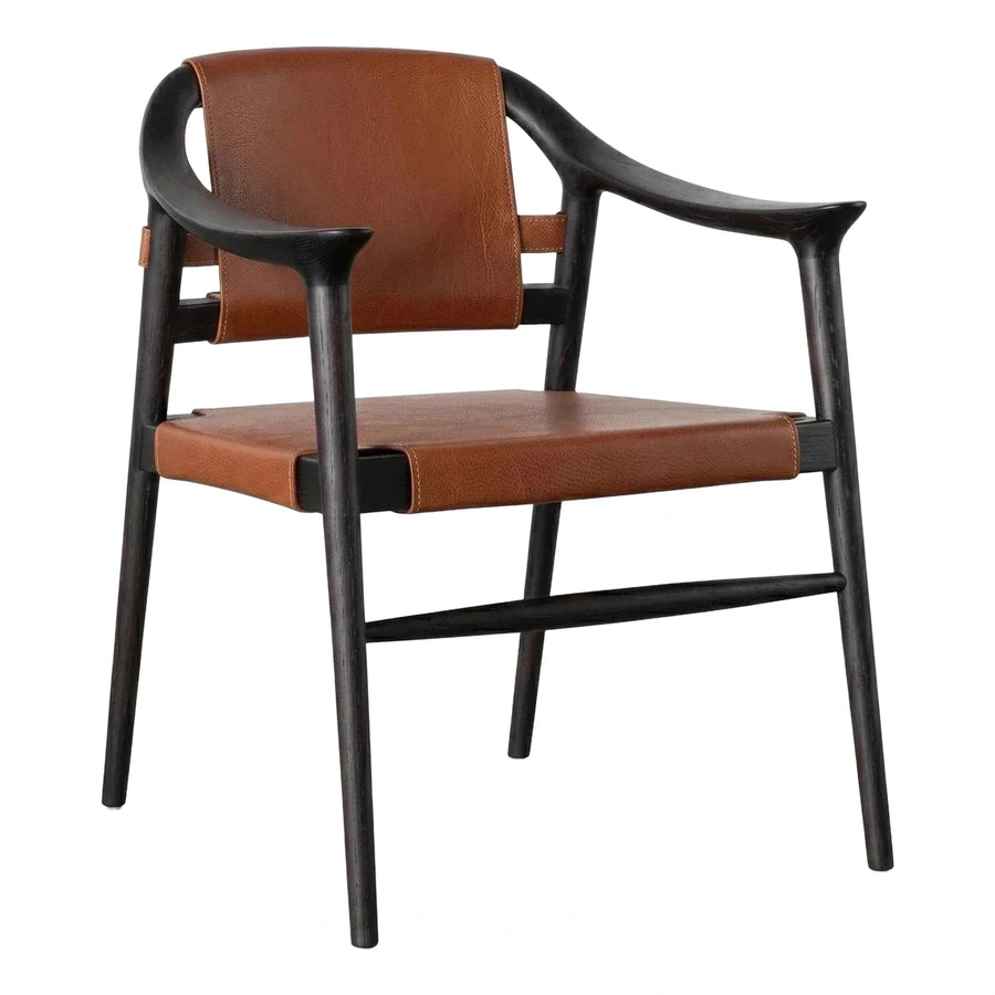 Modern Dark Wood Armchair with Brown Leather Sling