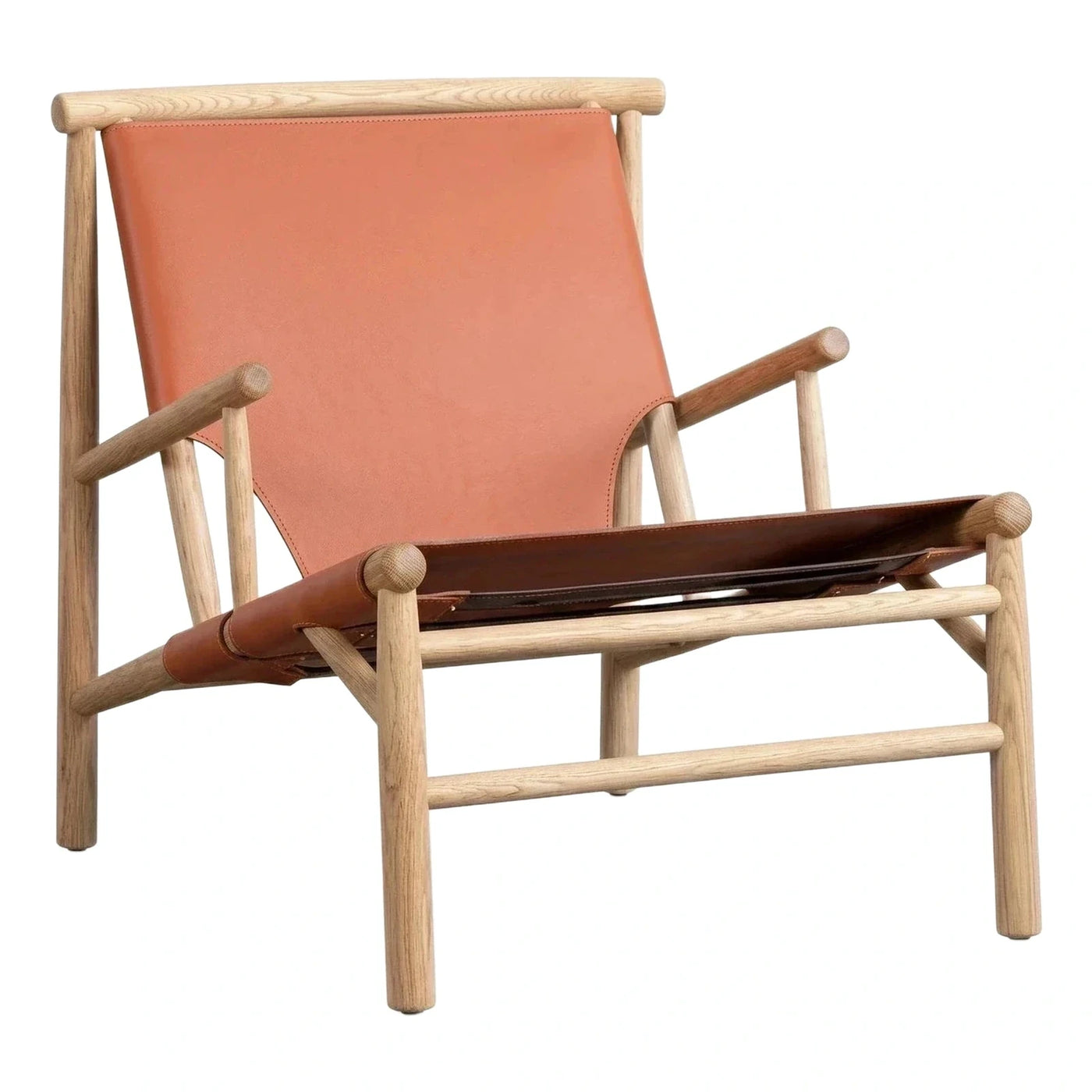 Solid Wood Frame Tan Leather Sling Lounge Chair