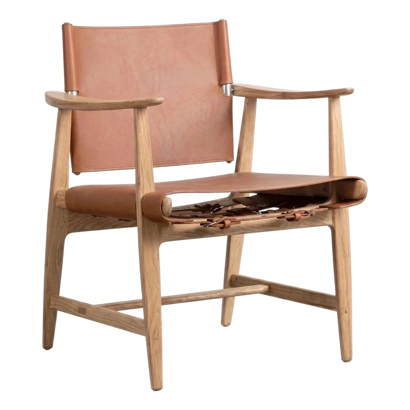 Scandinavian Oak Wood Tan Leather Sling Lounge Chair