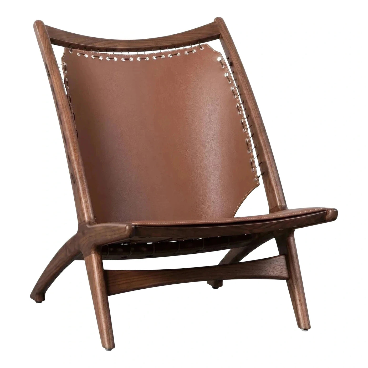 Dark Wood Frame Tan Leather Sling Lounge Chair