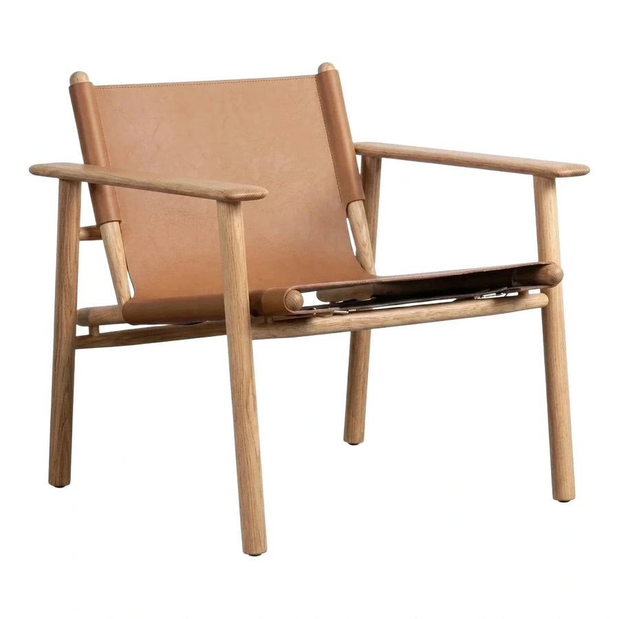 Tan Leather Sling Lounge Chair with Light Wood Frame