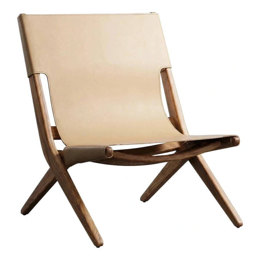 Modern Leather Sling Lounge Chair with Wood Frame
