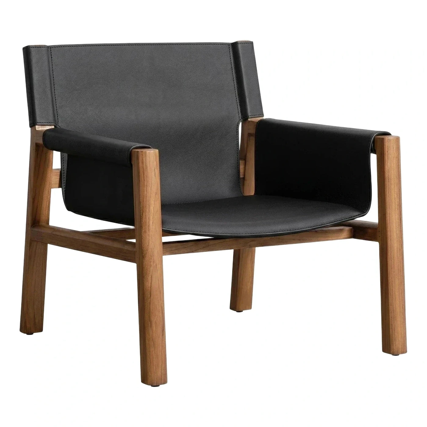 Modern Black Leather Sling Armchair with Wood Frame