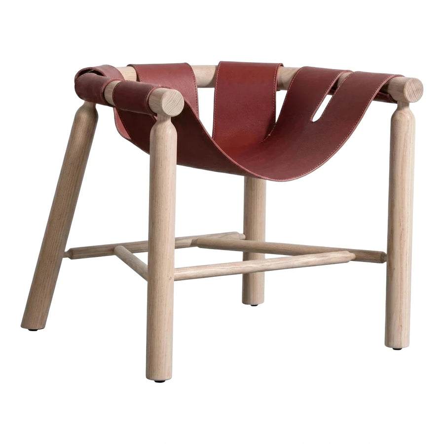 Light Wood Frame Red Leather Sling Stool