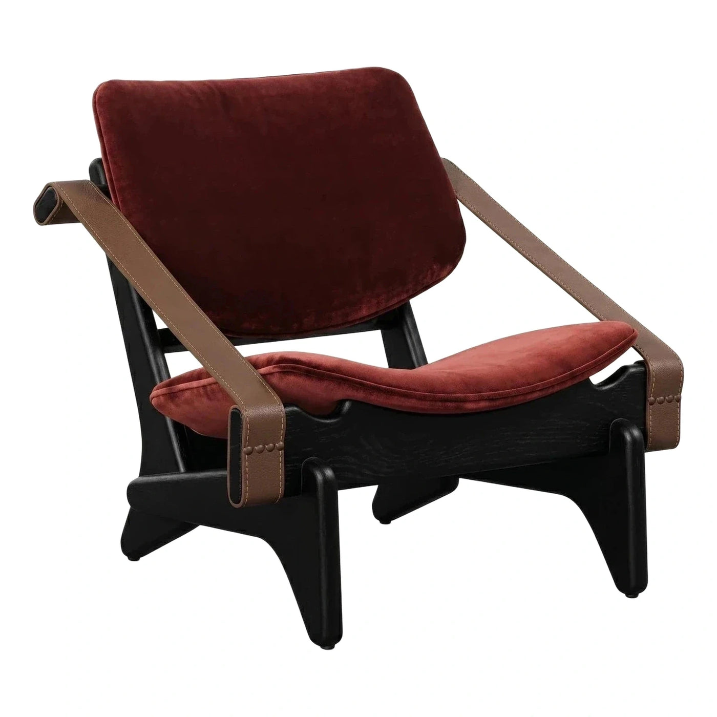 Burgundy Velvet Lounge Chair with Leather Straps