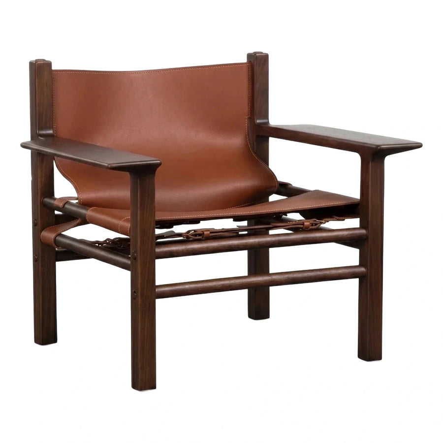 Dark Wood Frame Brown Leather Sling Lounge Chair