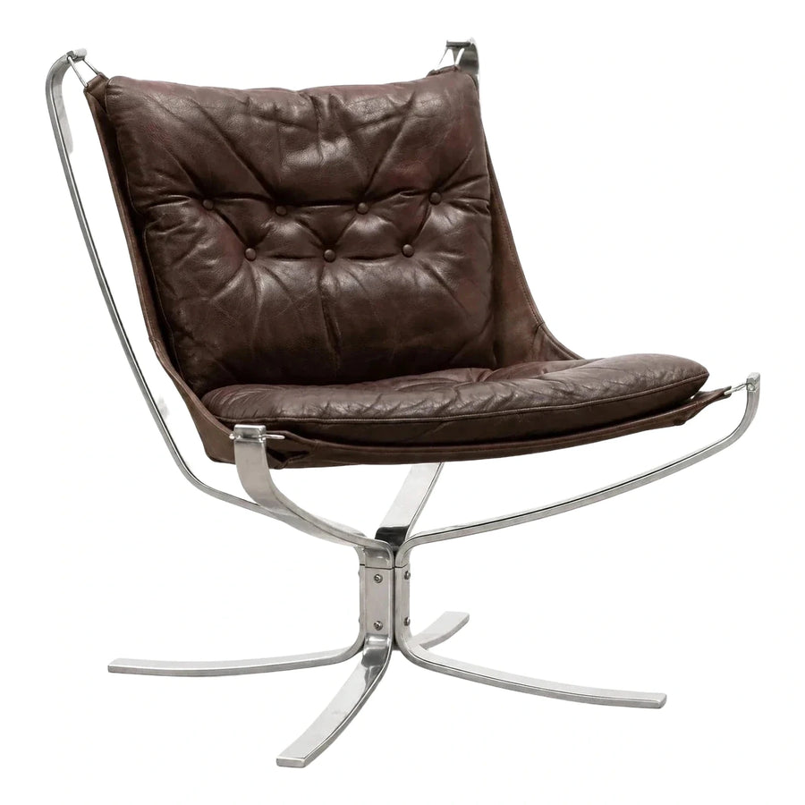 Brown Leather Tufted Swivel Lounge Chair Chrome Base