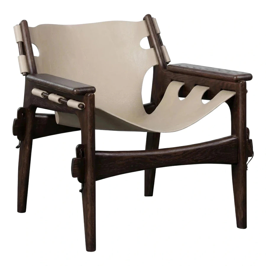 Dark Wood Frame Beige Leather Sling Lounge Chair