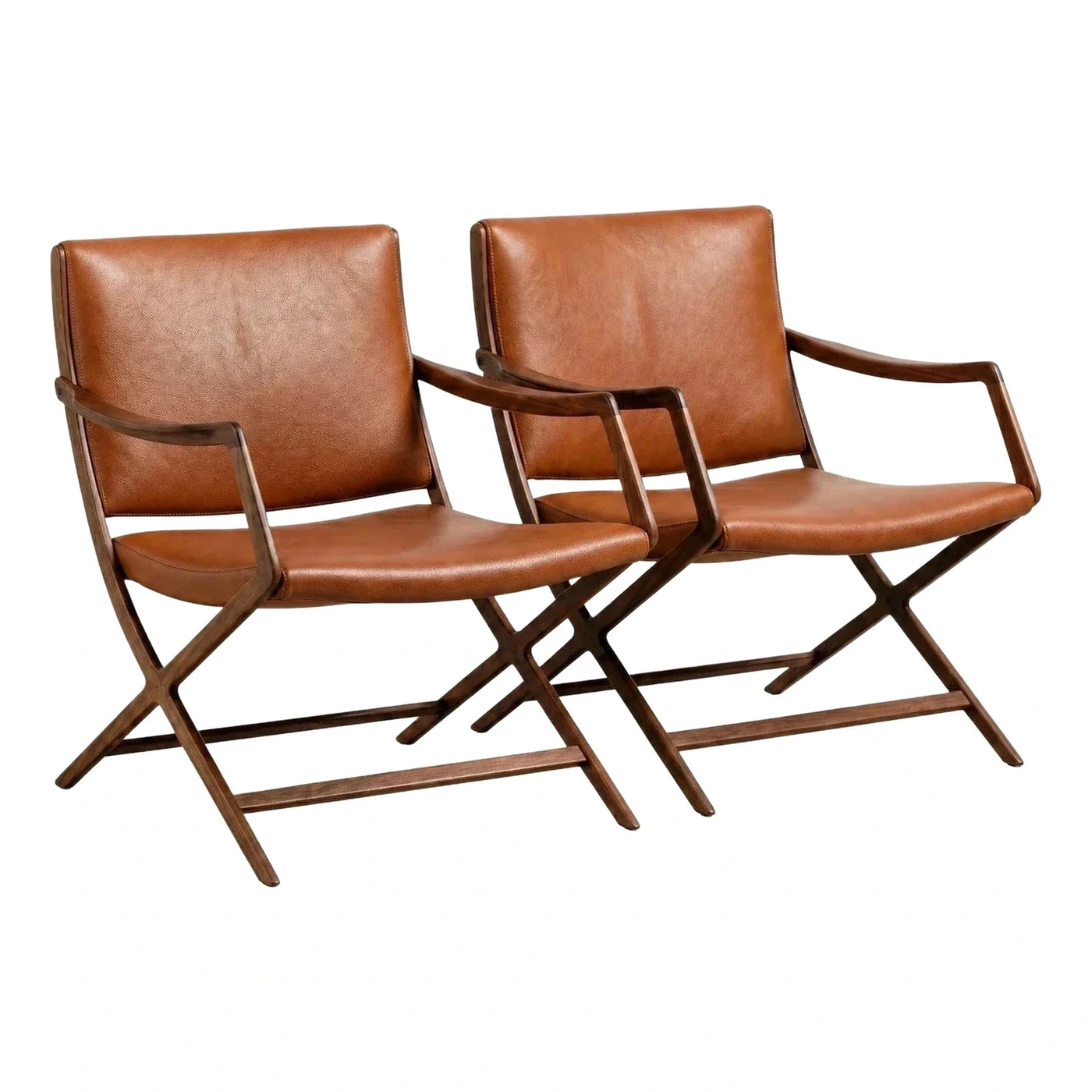 Brown Leather Lounge Chairs with Dark Wood X-Frame