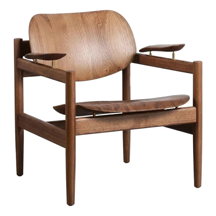 Solid Wood Lounge Chair with Floating Seat and Brass Accents