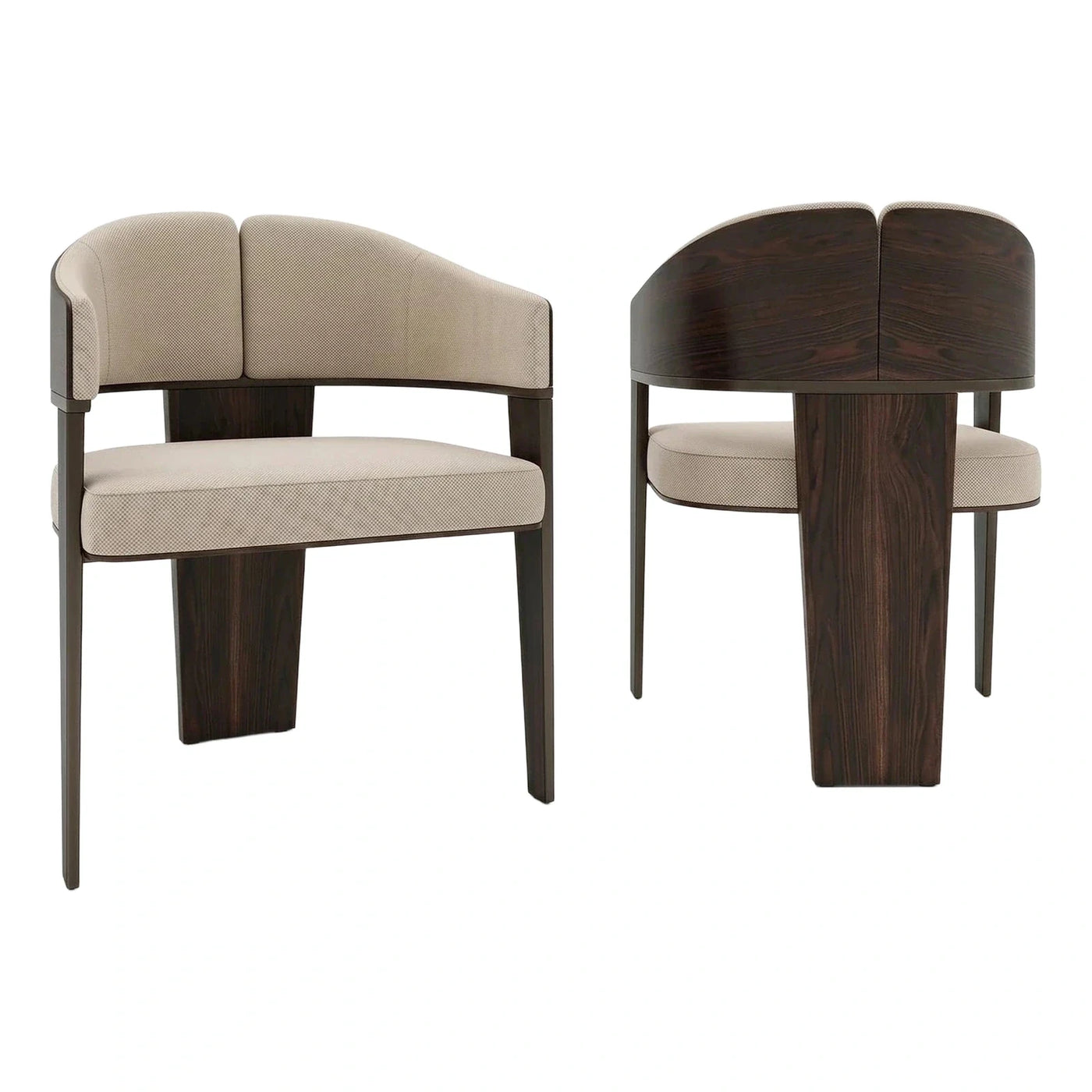 Modern Split-Back Armchair in Beige Fabric and Dark Wood