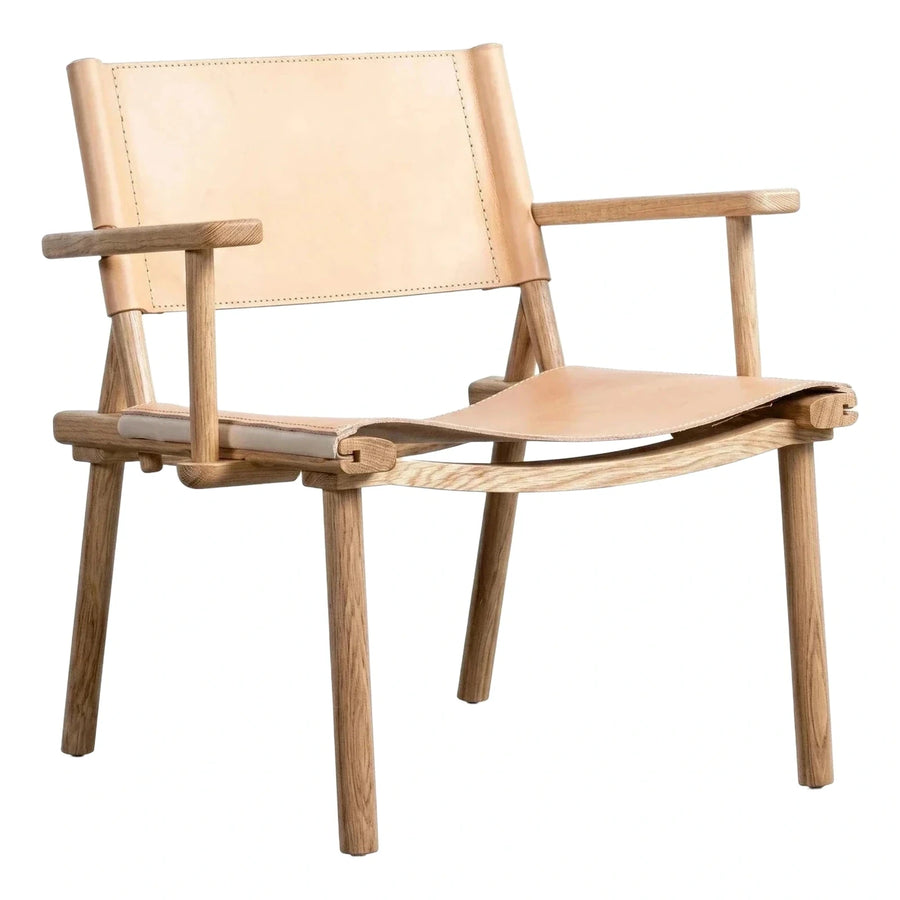 Light Wood Frame Leather Sling Lounge Chair